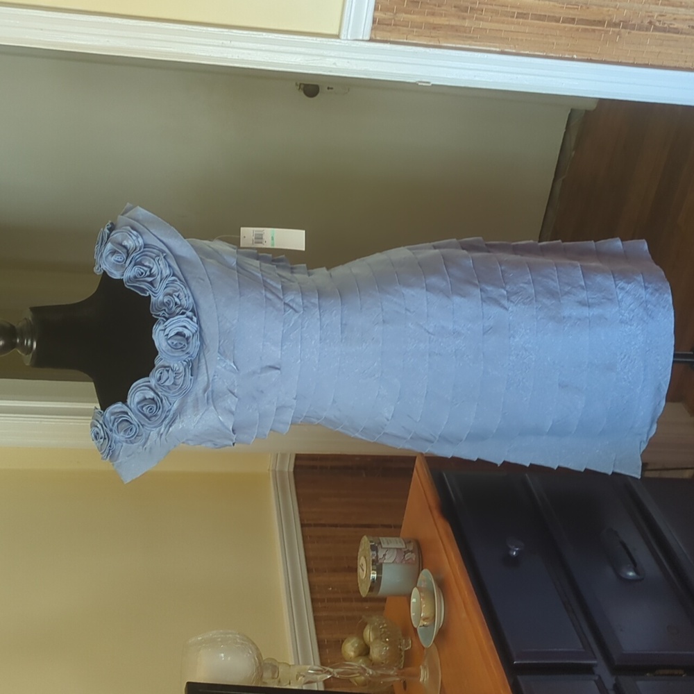 London Times Sky Blue Layered Mini Sleeveless Dress With Floral Neckline